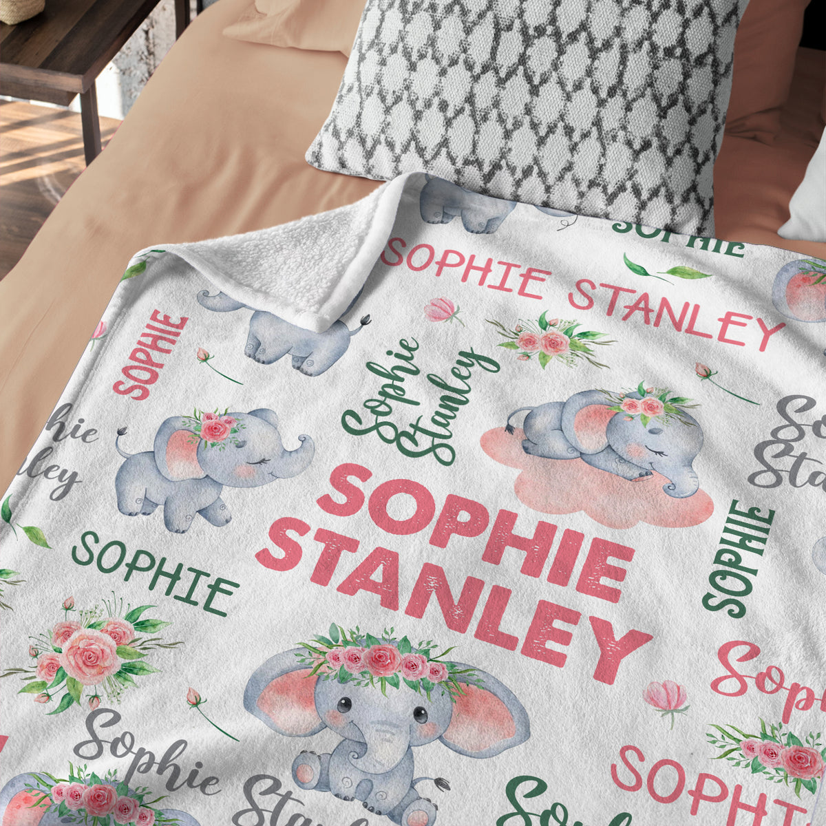 Personalized Elephant Baby Blankets for Girls, Pink Flowers Baby Girl Swaddle Blanket, Plush Blankets for Newborn Infant Daughter Granddaughter