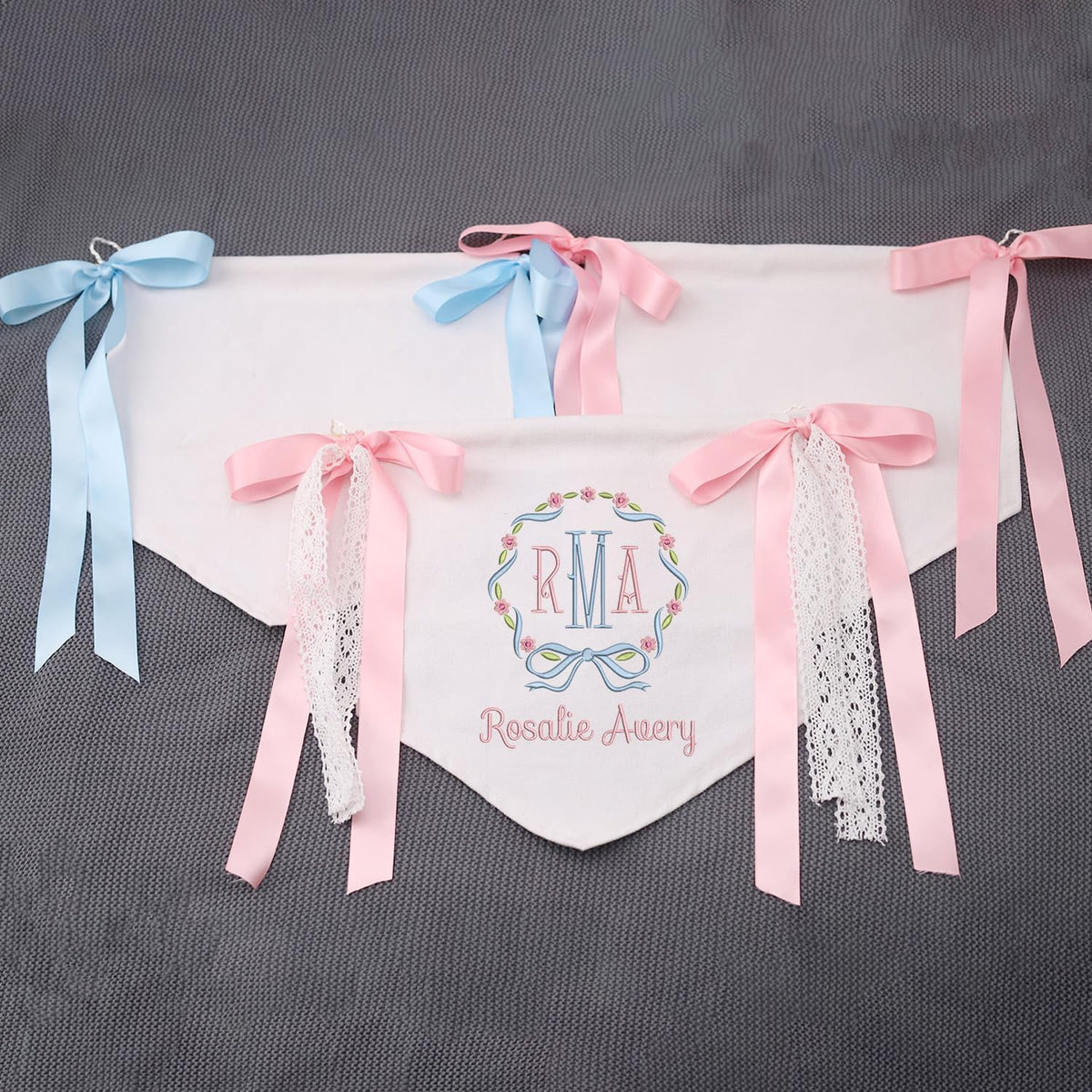 Personalized Embroidered Baby Banner, Baby Shower Banner with Bows, Canvas Hanging Pennant Flag Baby Banner, Embroidered Baby Name Flag