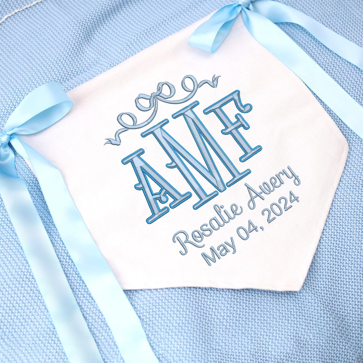 Personalized Embroidered Baby Banner Flag, Baby Announcement Sign, Baby Canvas Hanging Pennant Flag, Newborn Baby Banner with Bows Ribbon, Nursery Wall Crib Décor
