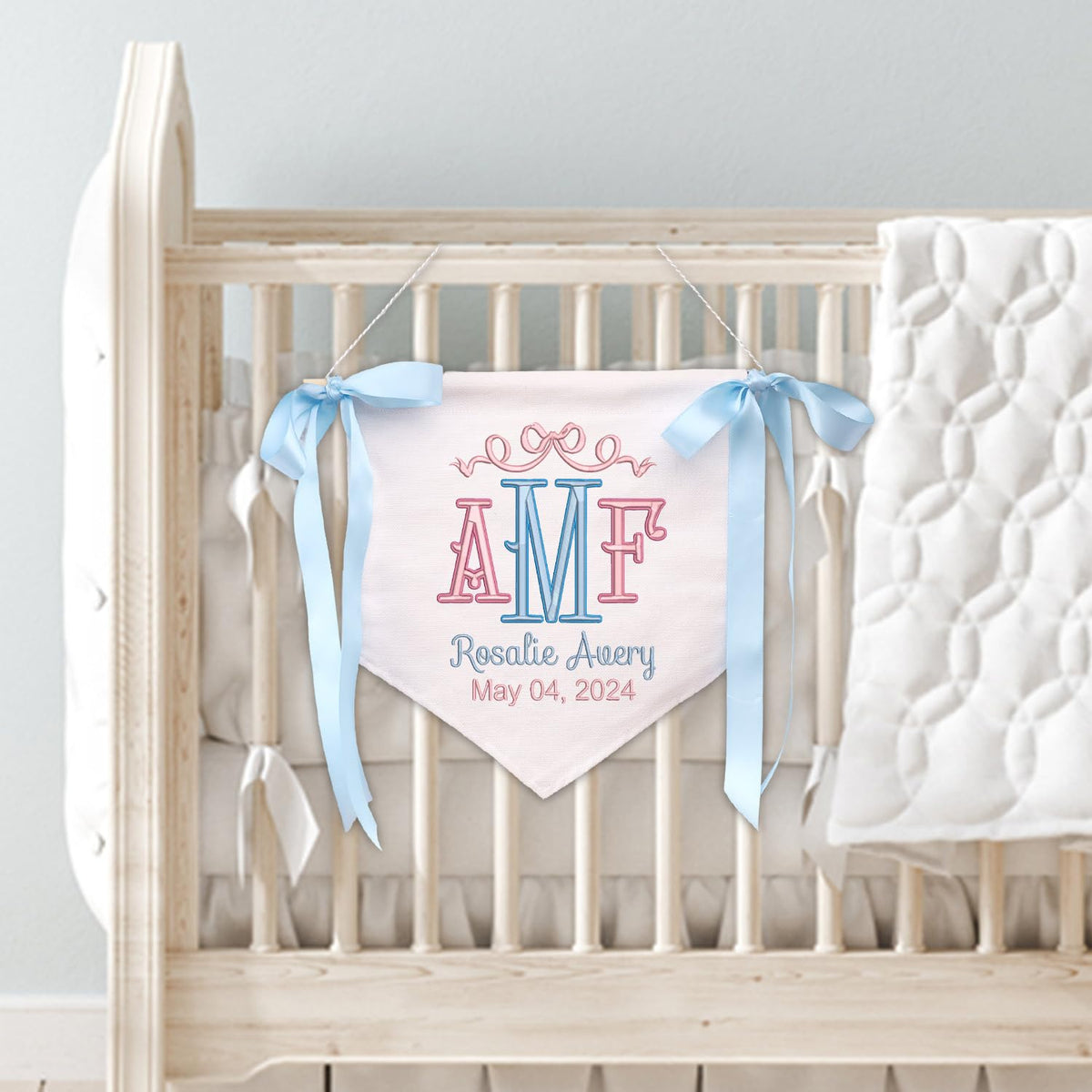 Personalized Embroidered Baby Banner Flag, Baby Announcement Sign, Baby Canvas Hanging Pennant Flag, Newborn Baby Banner with Bows Ribbon, Nursery Wall Crib Décor