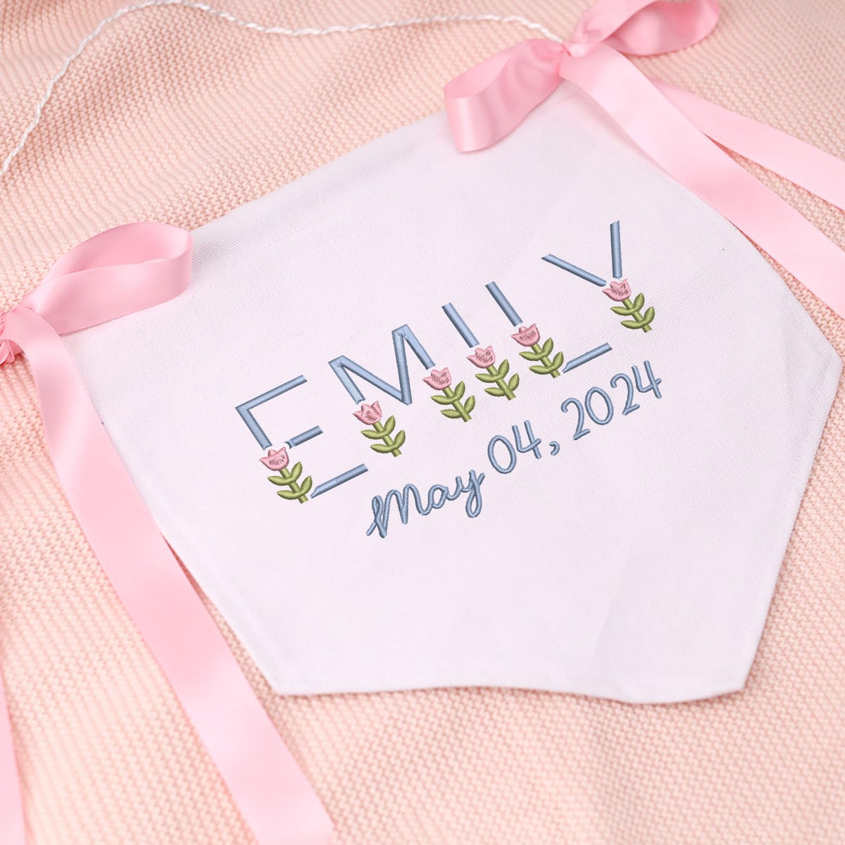 Personalized Embroidered Baby Banner Flag, Baby Canvas Hanging Pennant Flag, Newborn Baby Banner with Bows Ribbon, Baby Announcement Sign