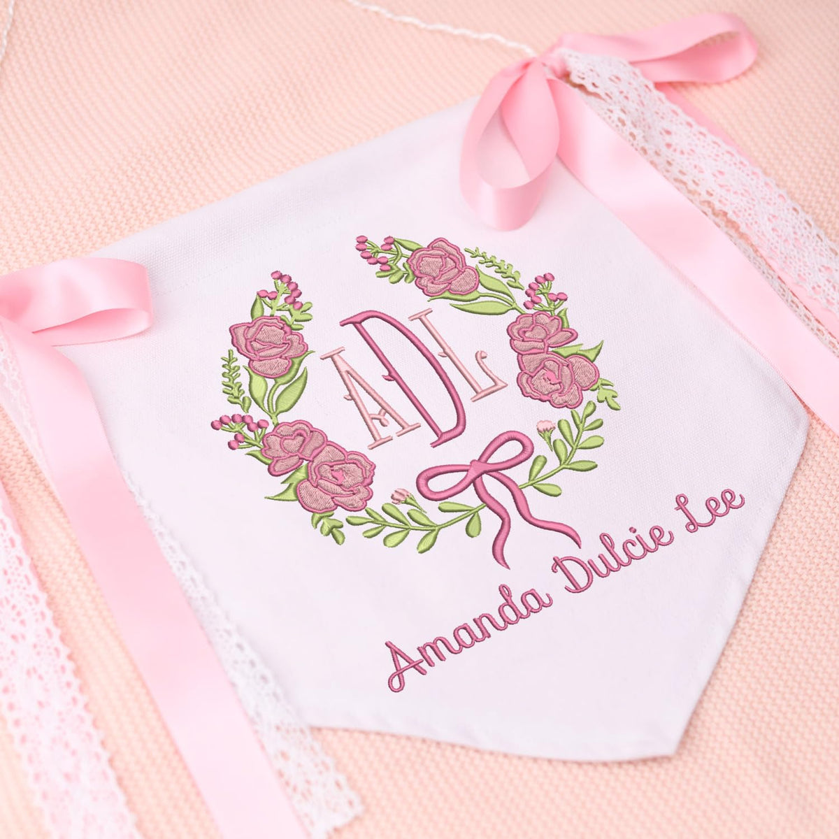 Personalized Embroidered Baby Banner Flag, Baby Canvas Hanging Pennant Flag, Newborn Baby Banner with Bows Ribbon, Gift For Baby