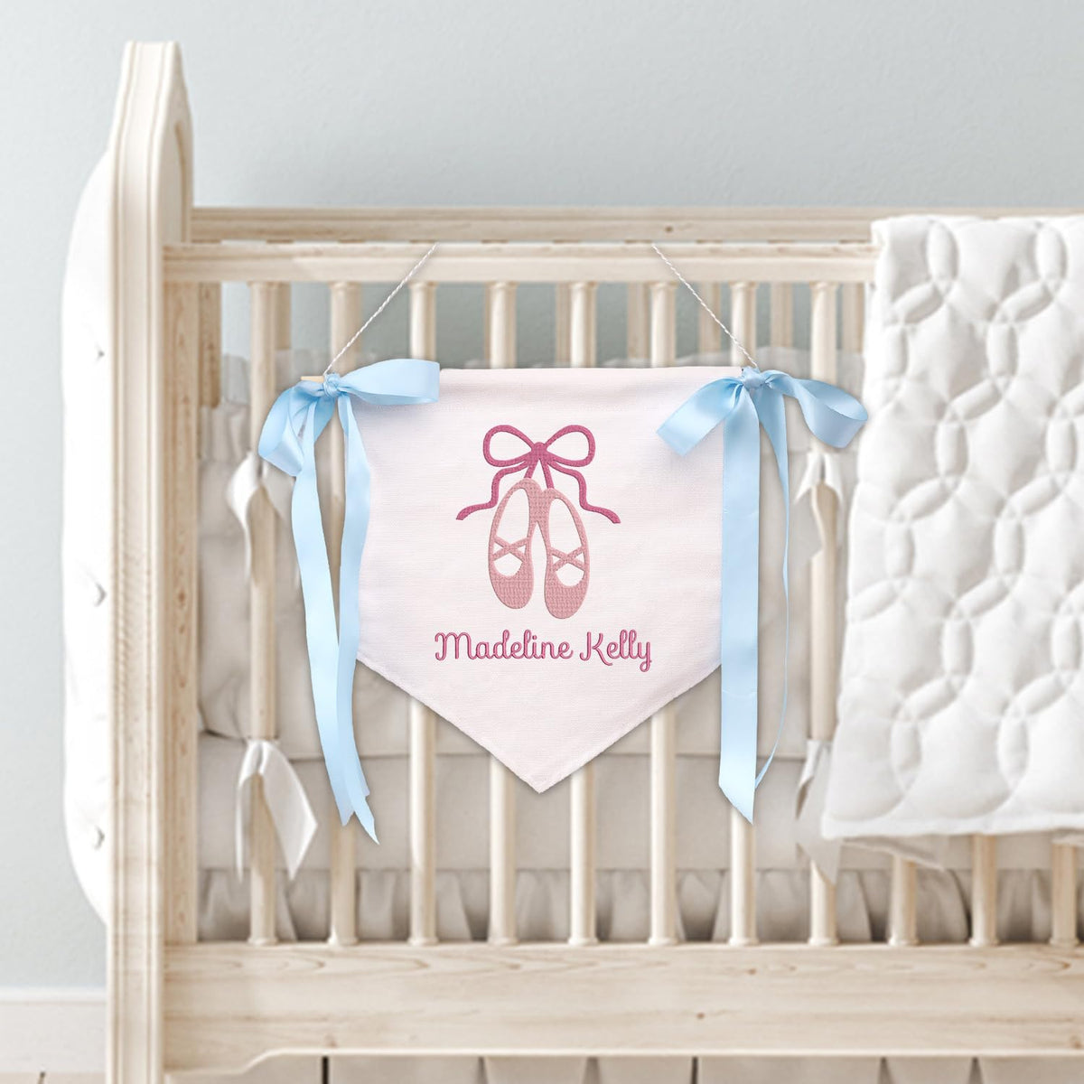 Personalized Embroidered Baby Banner Flag, Baby Canvas Hanging Pennant Flag, Newborn Baby Banner with Bows Ribbon, Great Gift For Baby