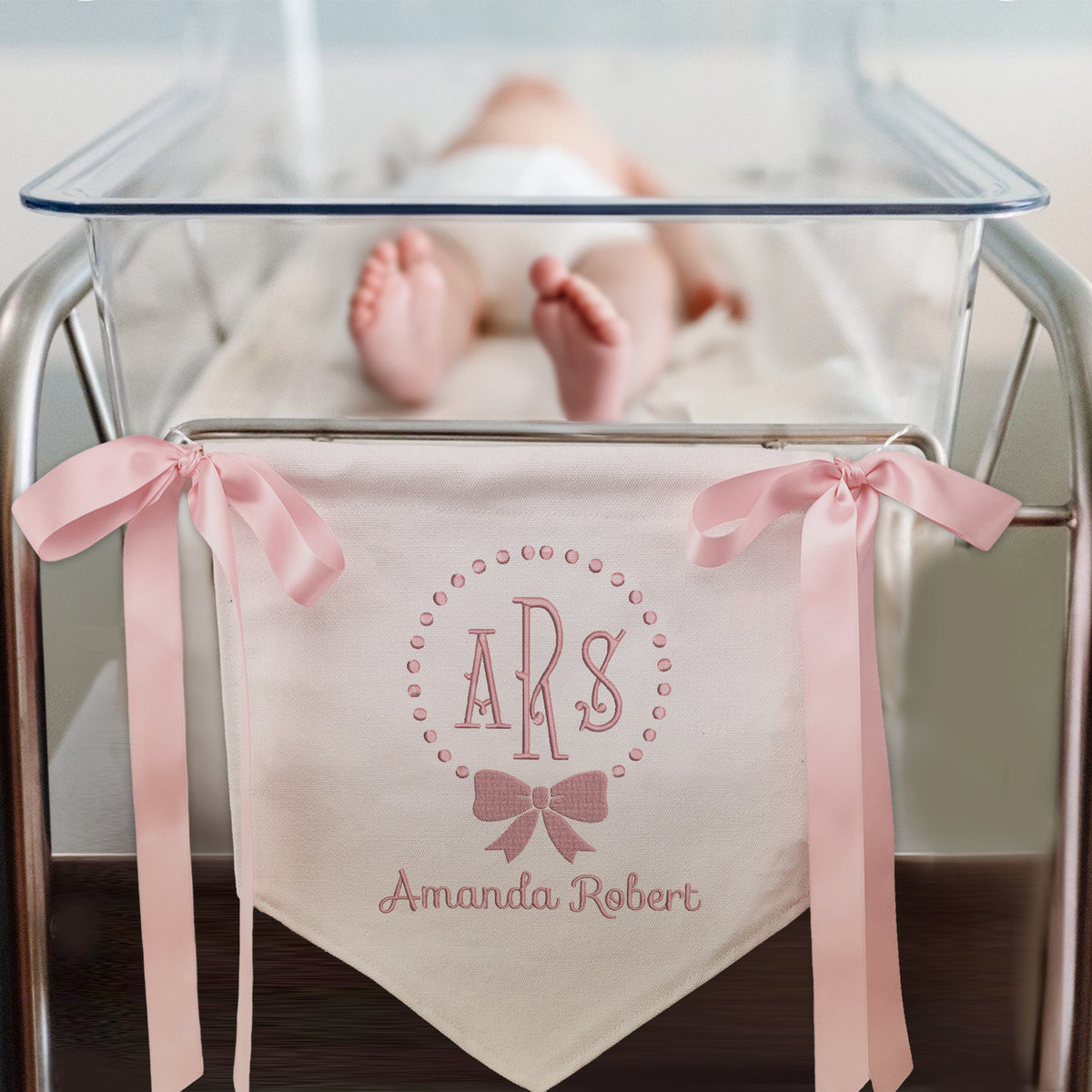 Personalized Embroidered Baby Banner Flag, Baby Canvas Hanging Pennant Flag, Newborn Baby Banner with Bows Ribbon, Nursery Wall Crib Décor