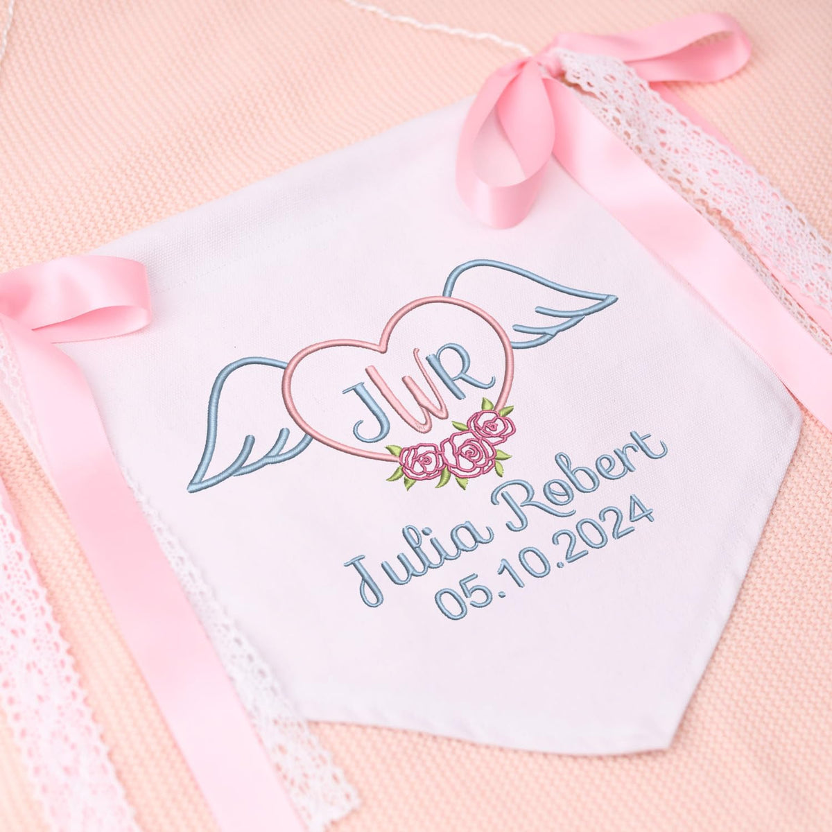 Personalized Embroidered Baby Banner Flag, Great gift for baby, Baby Canvas Hanging Pennant Flag, Newborn Baby Banner with Bows Ribbon