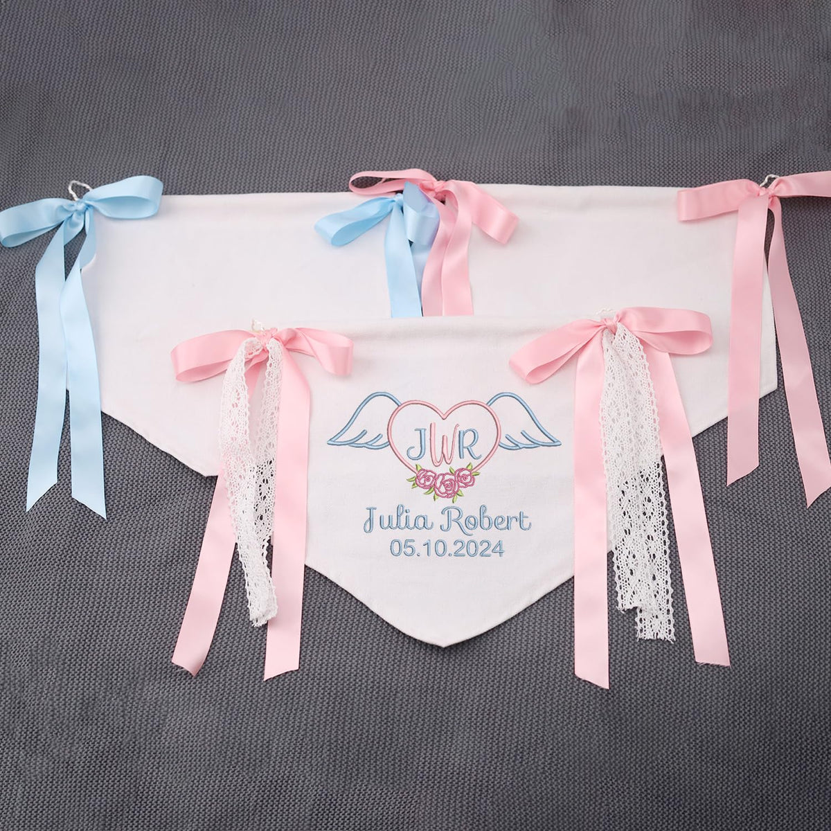 Personalized Embroidered Baby Banner Flag, Great gift for baby, Baby Canvas Hanging Pennant Flag, Newborn Baby Banner with Bows Ribbon