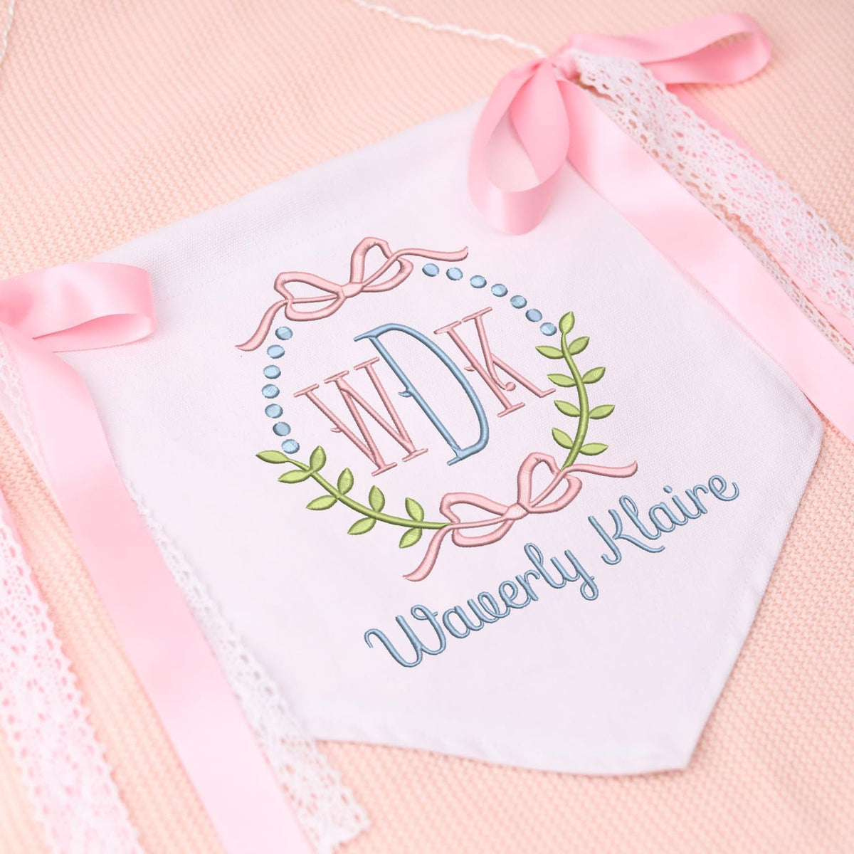 Personalized Embroidered Baby Banner with Bow, Baby Room Nursery Decor, Baby Canvas Hanging Pennant Flag Baby Banner, Baby Crib Banner Name