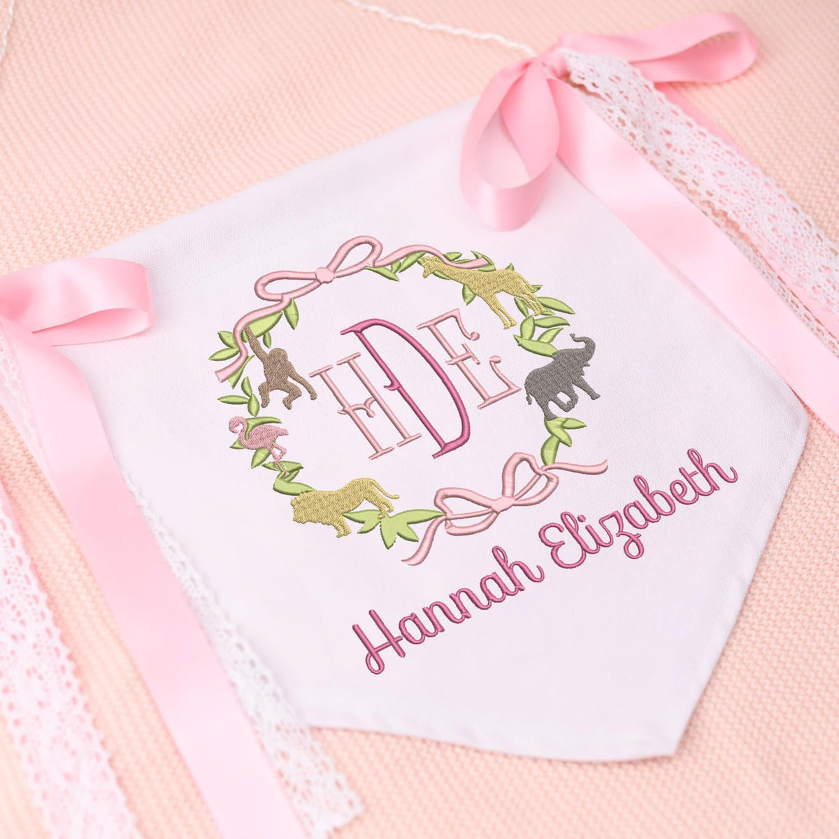 Personalized Embroidered Baby Banner with Bows, Nursery Kids Playroom Decor, Canvas Hanging Pennant Flag Baby Banner, Baby Front Door Sign for Hospital