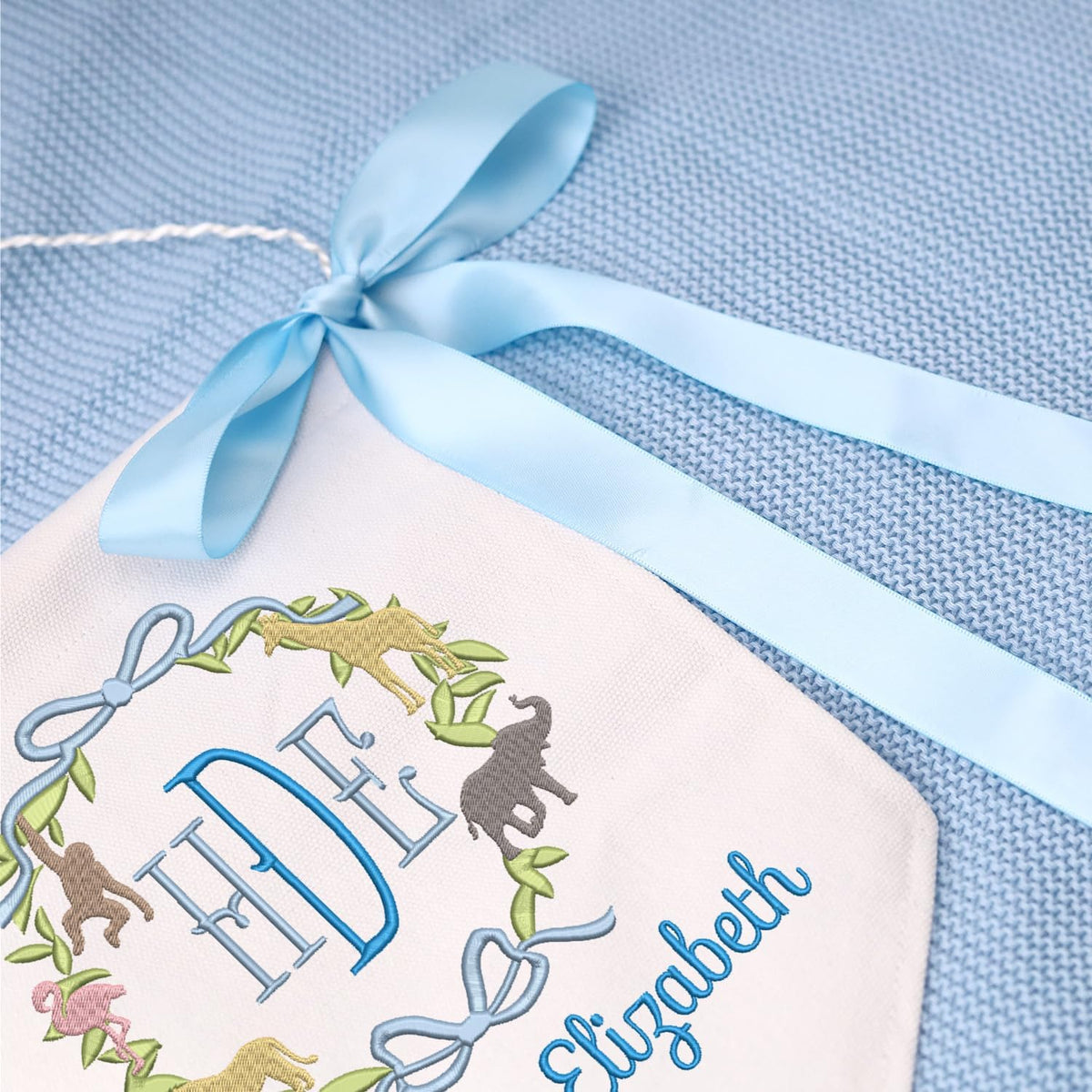 Personalized Embroidered Baby Banner with Bows, Nursery Kids Playroom Decor, Canvas Hanging Pennant Flag Baby Banner, Baby Front Door Sign for Hospital