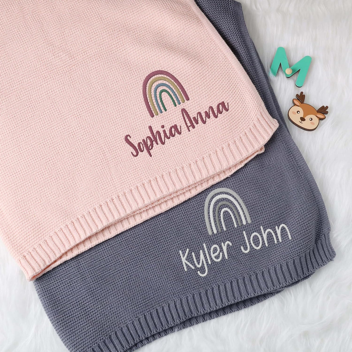 Personalized Embroidered Baby Blanket Name, Rainbow Baby Blanket for Girls, Custom Knit Baby Blankets with Embroidery, for Family Friends Pregnancy