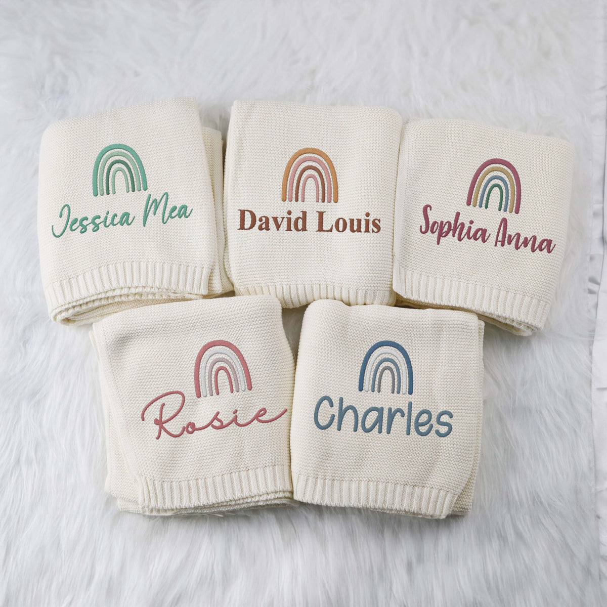 Personalized Embroidered Baby Blanket Name, Rainbow Baby Blanket for Girls, Custom Knit Baby Blankets with Embroidery, for Family Friends Pregnancy