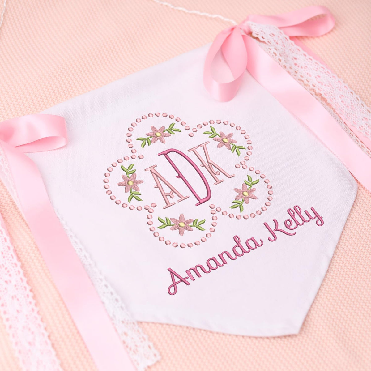 Personalized Embroidered Flower Baby Banner Flag, Baby Canvas Hanging Pennant Flag, Newborn Baby Banner with Bows Ribbon
