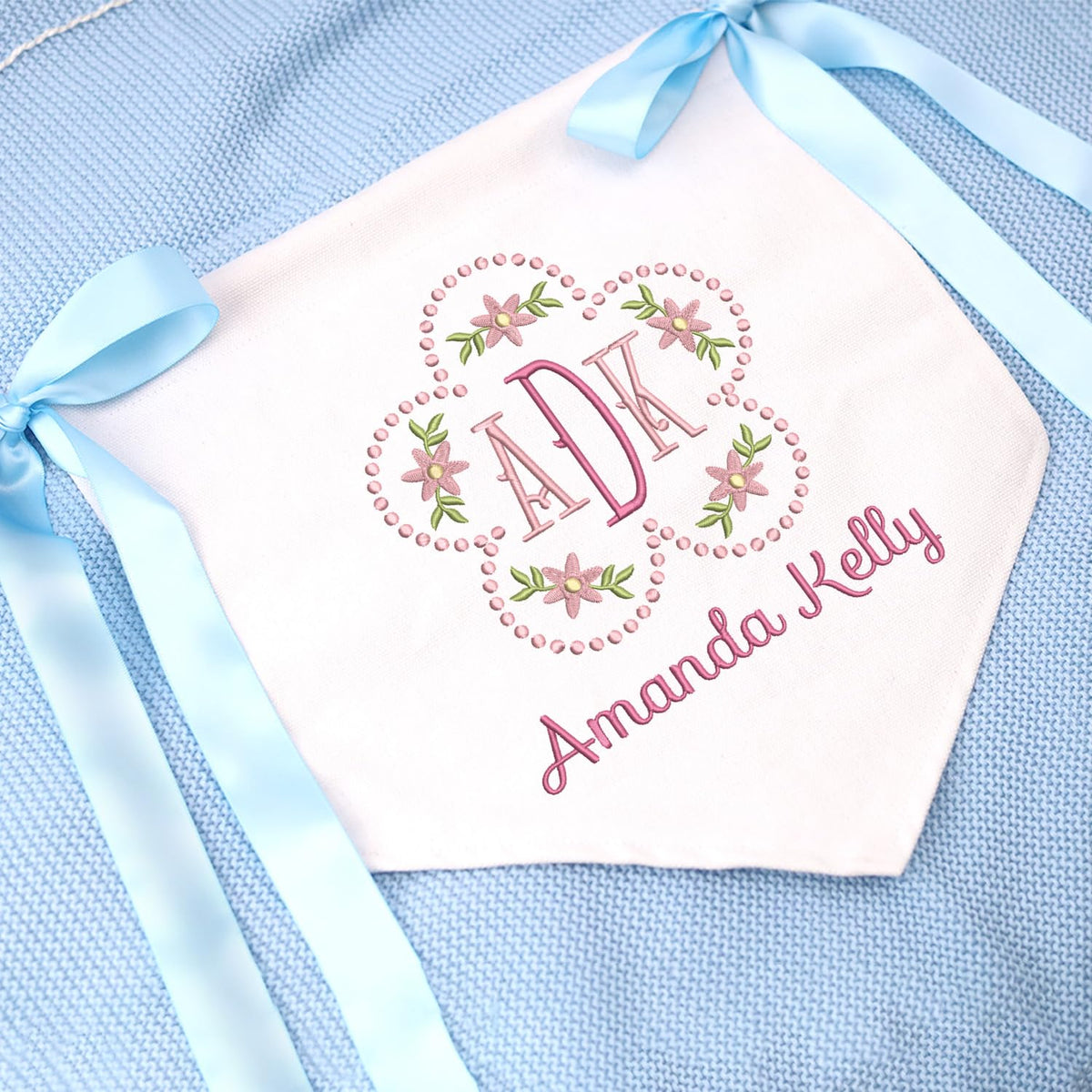 Personalized Embroidered Flower Baby Banner Flag, Baby Canvas Hanging Pennant Flag, Newborn Baby Banner with Bows Ribbon