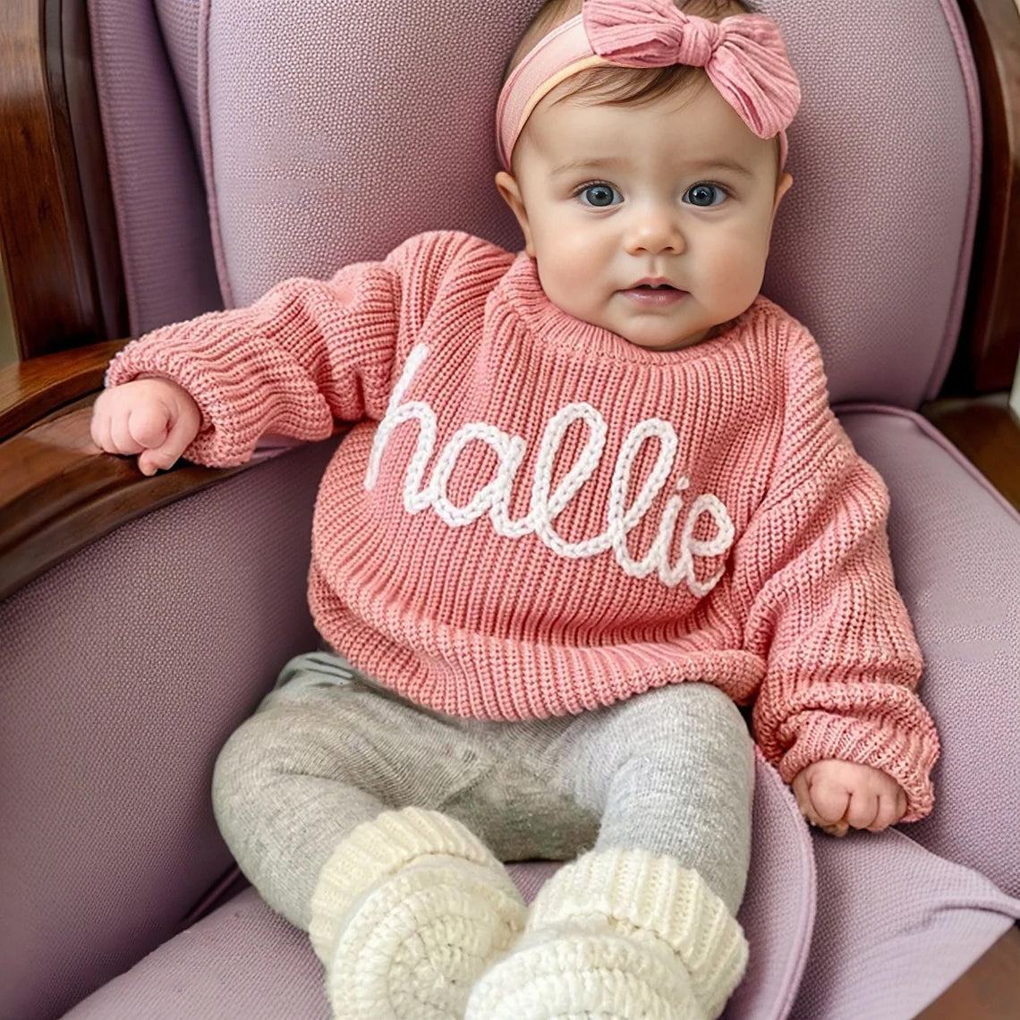Personalized Hand embroidered Name Baby Sweater, Custome Baby Name Sweater, Pink Baby Girls Sweater With Name, Birthday Gift For Baby Girls Boy