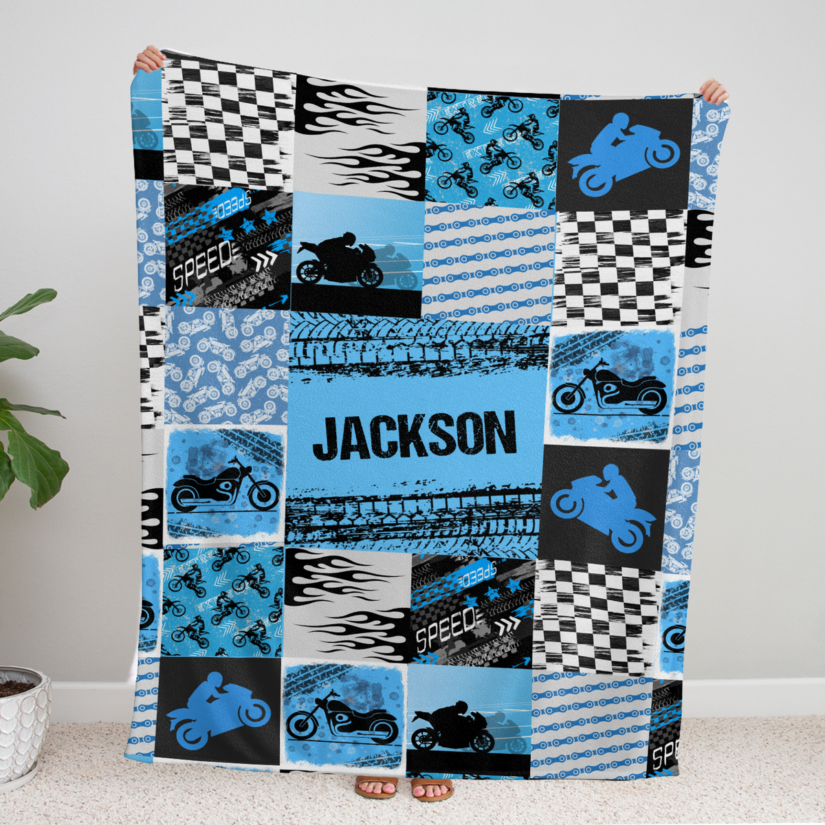 Personalized Motorcycle Baby Blanket, Blue Plush Swaddle Blanket for Boys & Girls