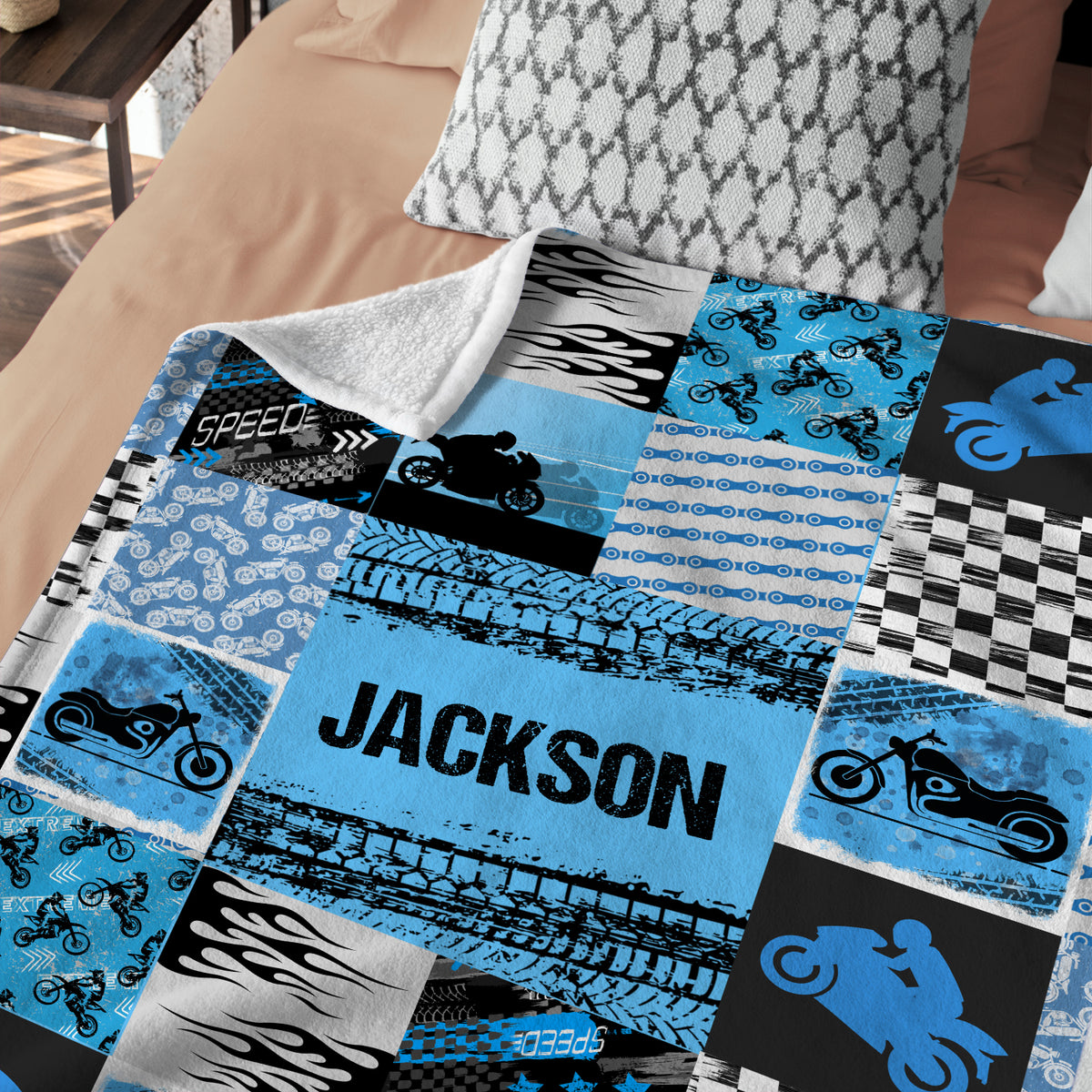 Personalized Motorcycle Baby Blanket, Blue Plush Swaddle Blanket for Boys & Girls