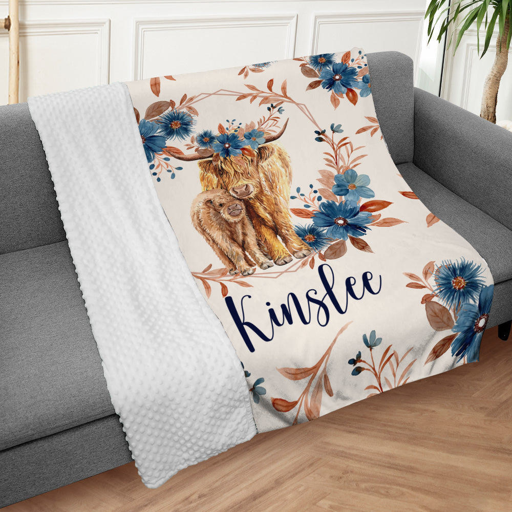 Personalized Name Minky Baby Blankets, Highland Cow Baby Blankets, Gift For Infant Toddler Crib, Nursery Decorations