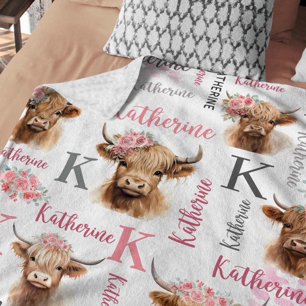 Personalized Name Minky Baby Blankets , Highland Cow Baby Blankets, Minky Blanket Double Layer with Dotted Backing for Infant Toddler Crib, Nursery Decorations