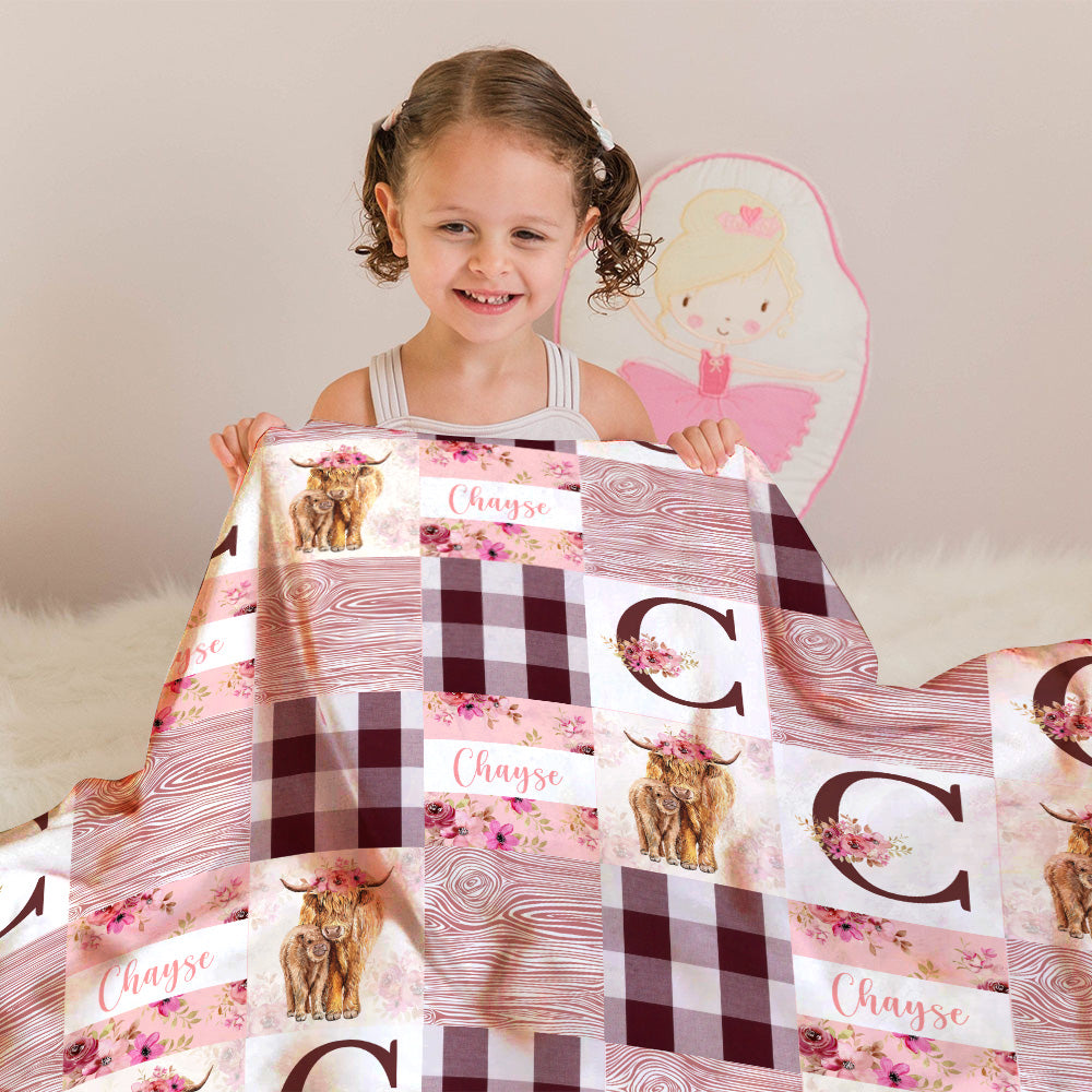 Personalized Name Minky Baby Blankets, Highland Cow Baby Blankets, Nursery Decorations, Gift For Baby