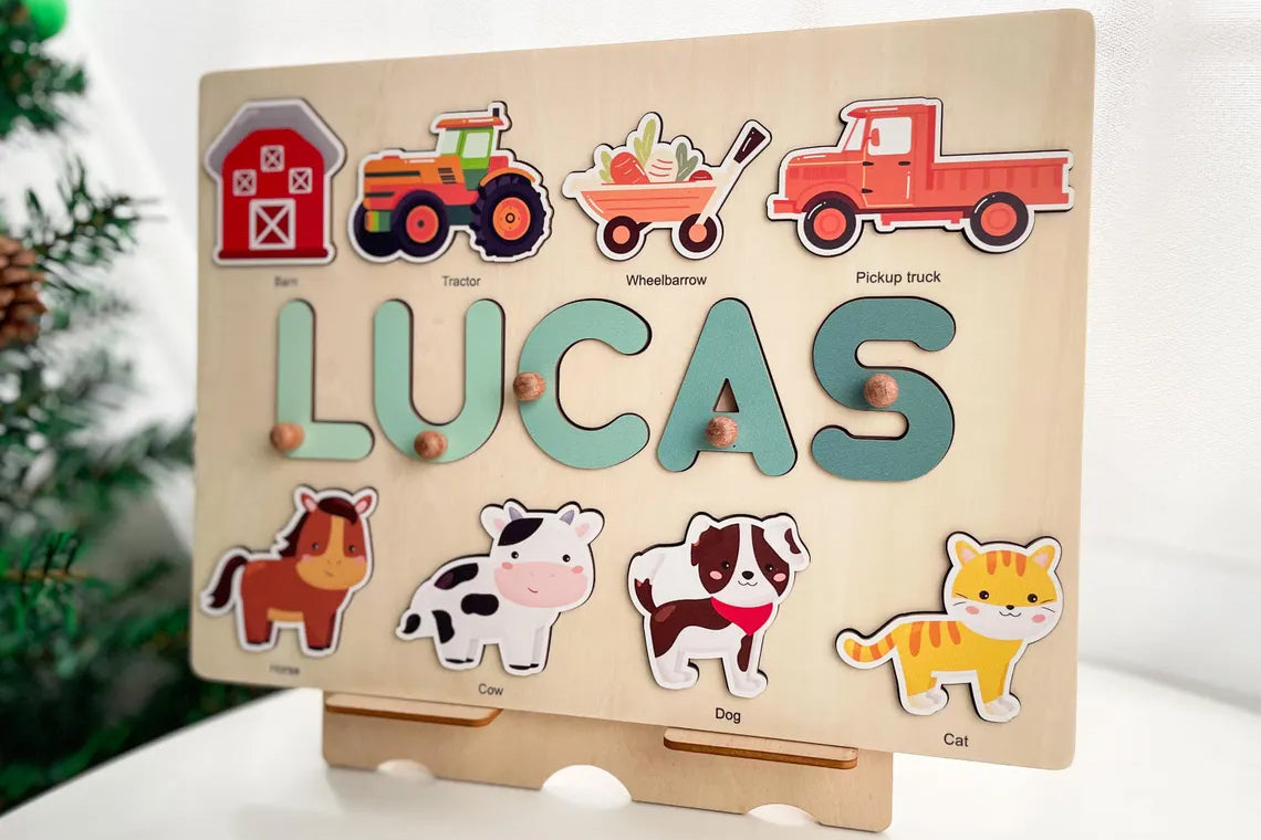 Personalized Name Puzzle, Farm Animal Name Puzzle With Pegs, Baby Shower Gift