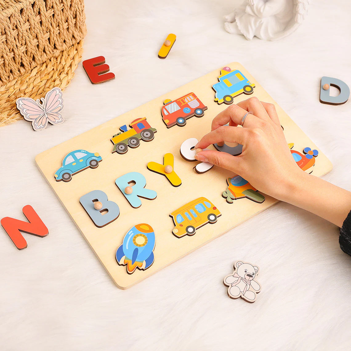 Personalized Name Puzzle for Kids/Boys, Name Puzzle Gift with Cars, Trucks, Trains, Planes, Rockets, Wooden Montessori Toys