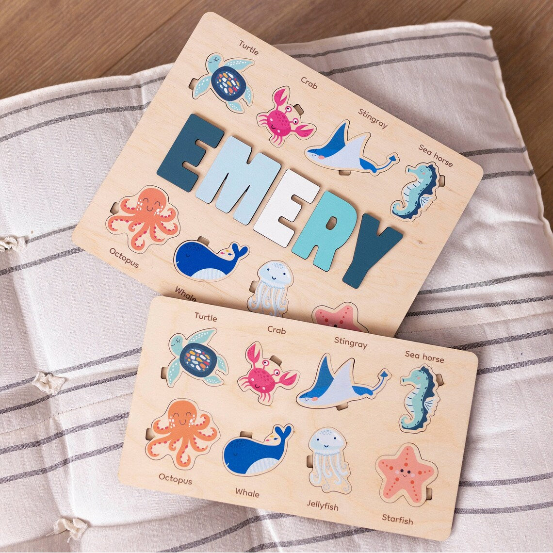 Personalized Ocean Animal Name Puzzle Montessori Learning Toy, Custom Gifts for Kids, Wooden Toys for Baby, Toddler Gift