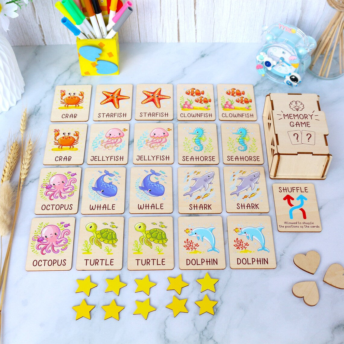 Personalized Ocean Animals Memory Game Montessori Matching Cards with Wooden Box, Visual Schedule for Kids Age 2-5, Gift for Kids