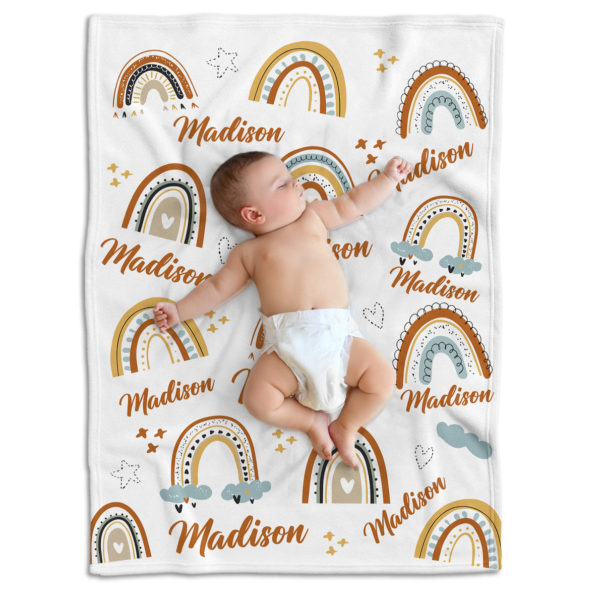 Personalized Rainbow Baby Blanket for Girls - Custom Boho Swaddle With Name, 3 Sizes Plush for Daughter, Granddaughter, Newborn