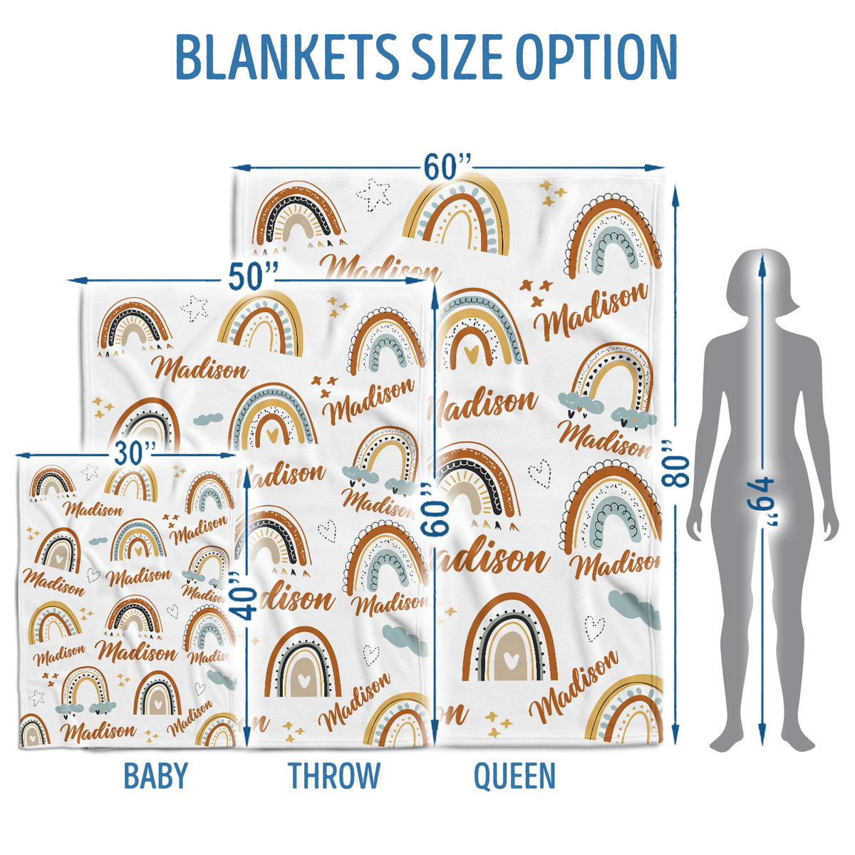 Personalized Rainbow Baby Blanket for Girls - Custom Boho Swaddle With Name, 3 Sizes Plush for Daughter, Granddaughter, Newborn