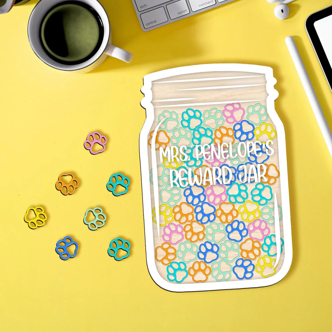 Personalized Kids Reward Jar For Classroom, Dog Paw Acrylic Charms, Teacher Jar Gift, Custom Teacher Name Sign