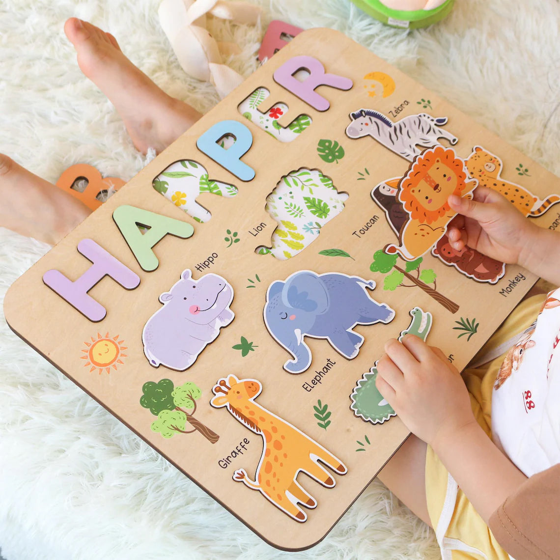 Personalized Safari Wooden Name Puzzle for Kids, Baby Name Name Puzzle, First Birthday Gifts, Wooden Toys for Baby, Toddler Gift