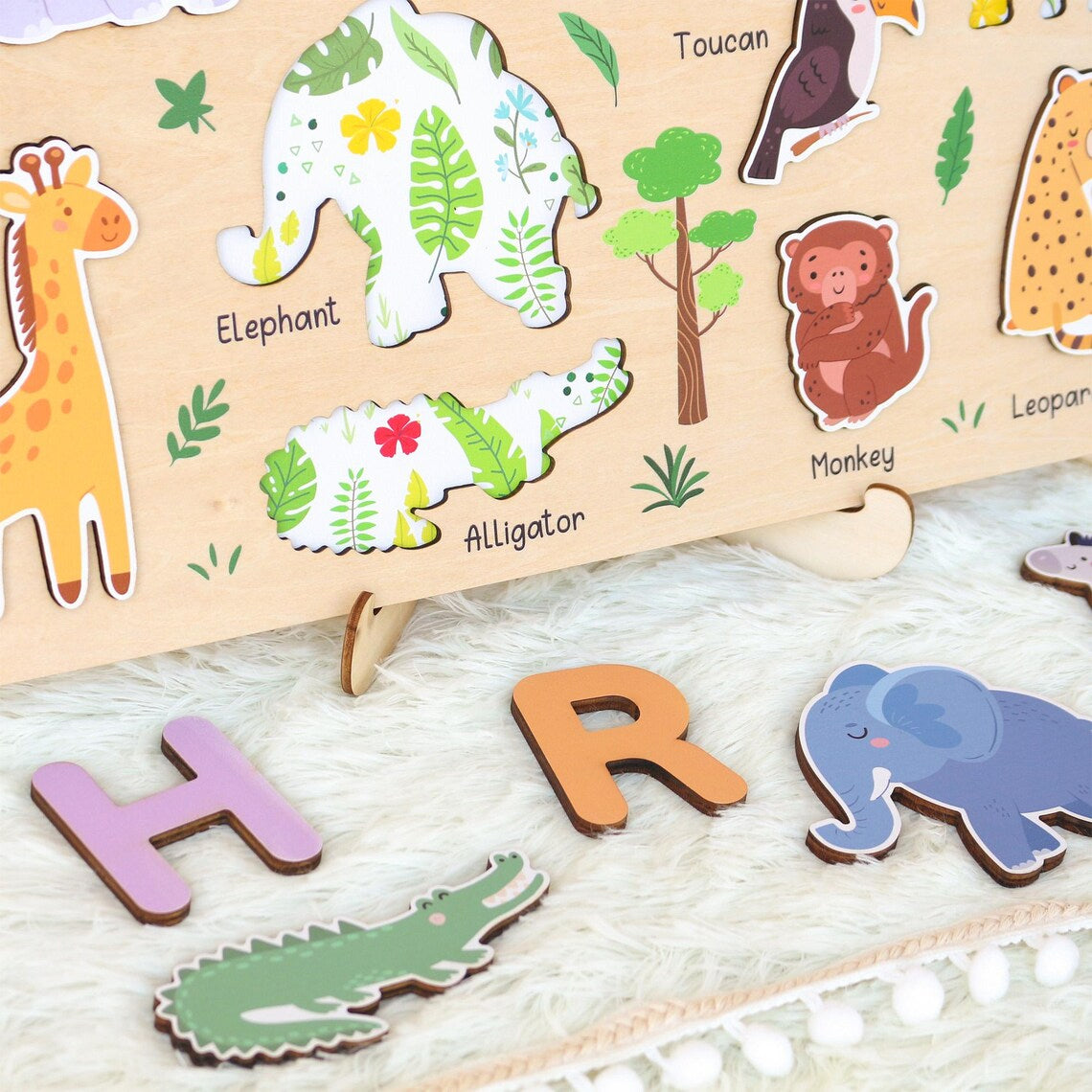 Personalized Safari Wooden Name Puzzle for Kids, Baby Name Name Puzzle, First Birthday Gifts, Wooden Toys for Baby, Toddler Gift