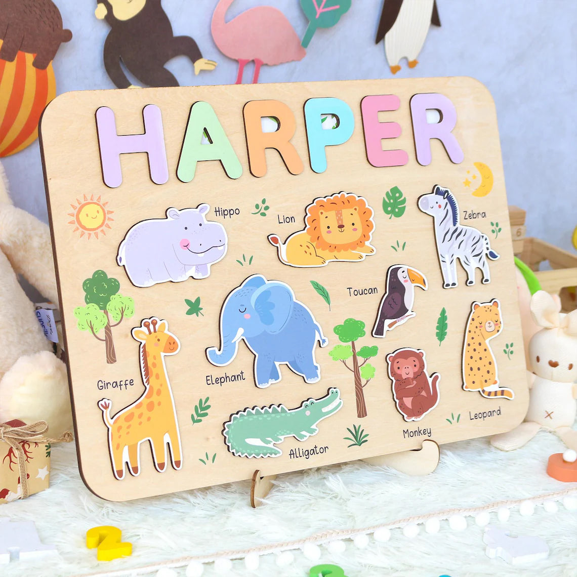 Personalized Safari Wooden Name Puzzle for Kids, Baby Name Name Puzzle, First Birthday Gifts, Wooden Toys for Baby, Toddler Gift