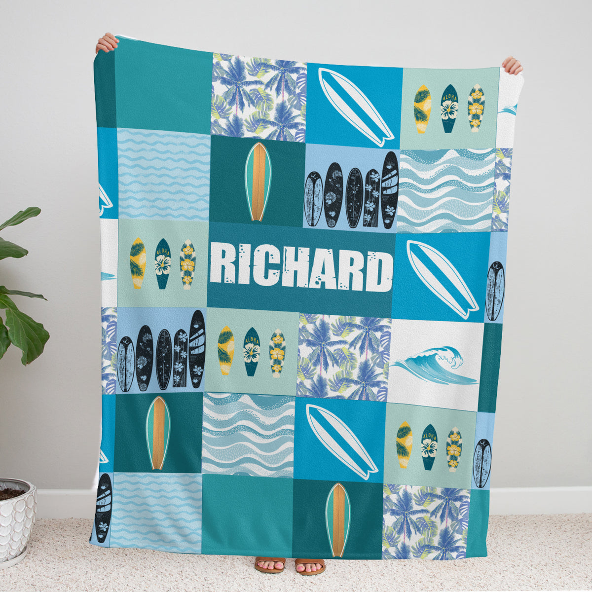 Personalized Surfboard Baby Blanket - Blue Plush, Custom Name for Boys & Girls, Beach Swaddle Blanket for Newborns & Toddlers