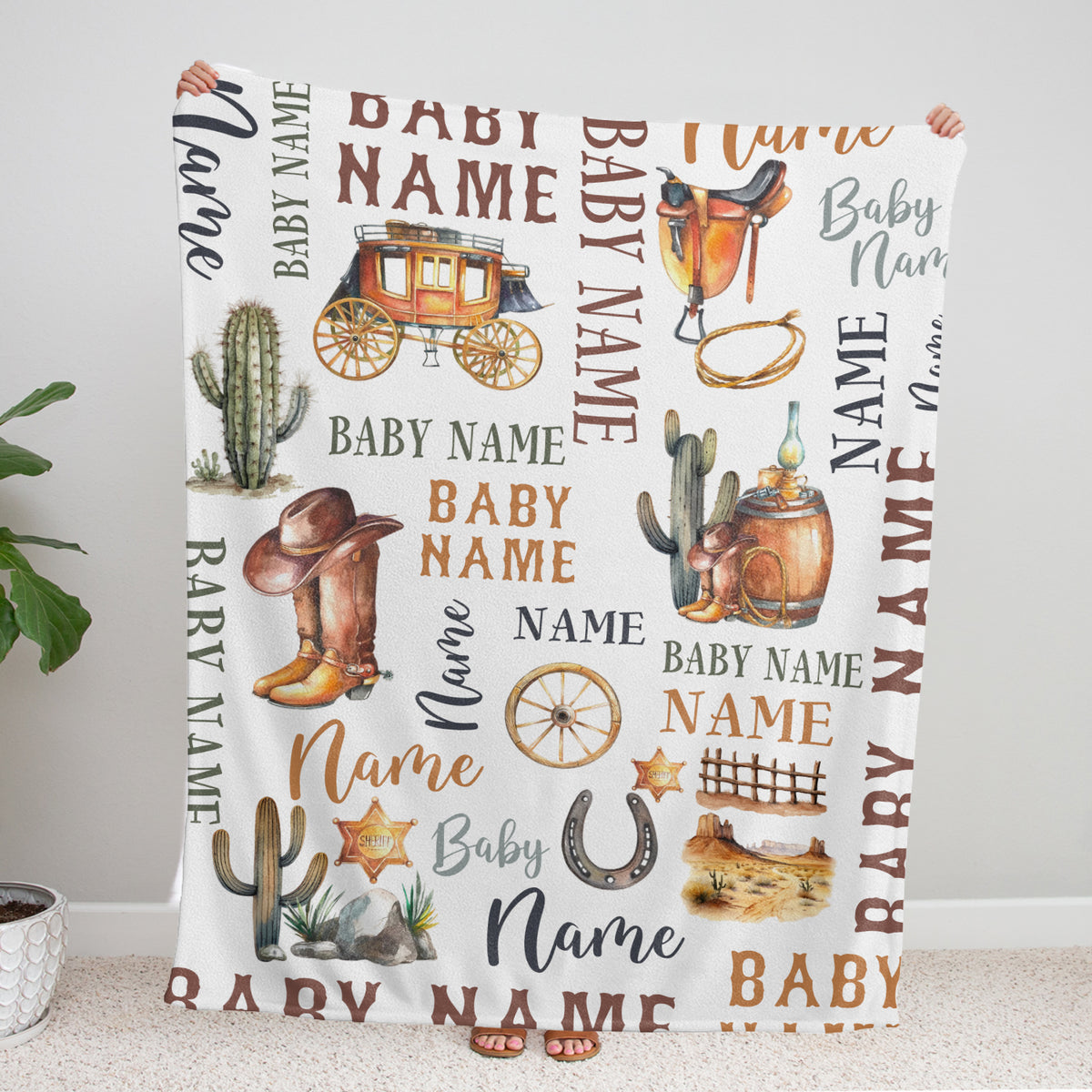 Personalized Western Baby Blankets - Cowboy Design, Custom Name, 3 Sizes Fleece for Infant Newborn Son Daughter