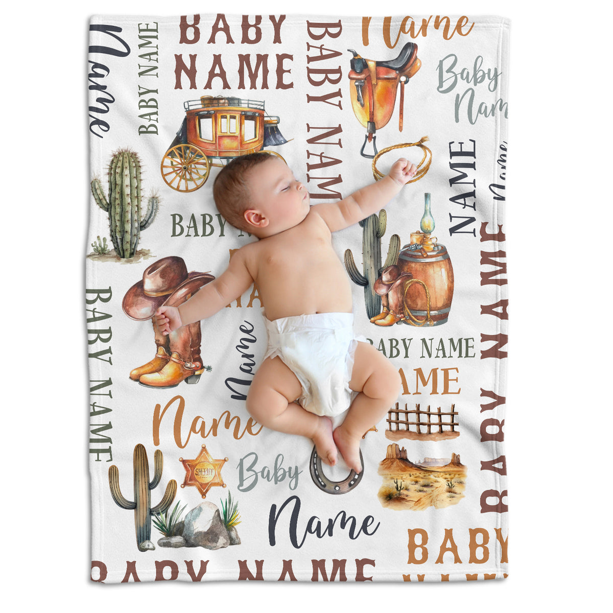 Personalized Western Baby Blankets - Cowboy Design, Custom Name, 3 Sizes Fleece for Infant Newborn Son Daughter