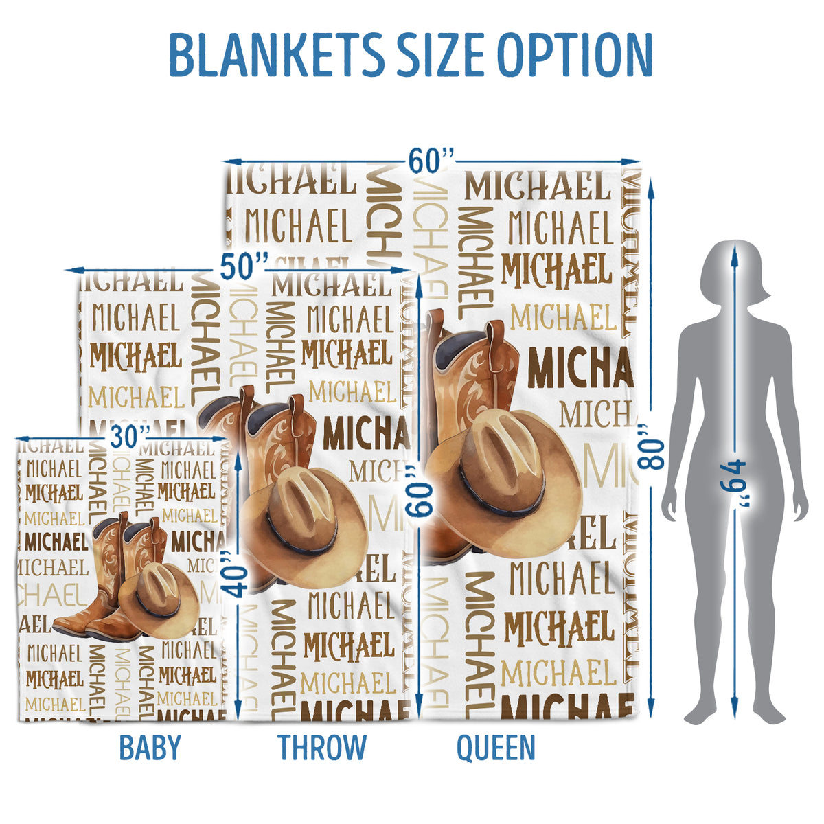 Personalized Western Baby Blankets, Customized Cowboy Name Fleece Blankets, 100% Soft Polyester, 3 Sizes, Unisex, Brown