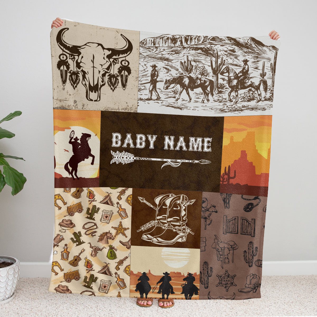 Personalized Western Baby Blankets for Boys, Brown Baby Western Blankets, Custom Name Fleece Blankets for Newborn Infant Son Daughter Toddlers Kids