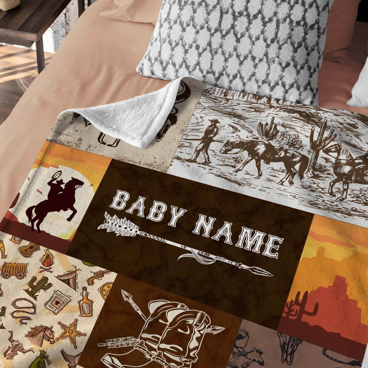 Personalized Western Baby Blankets for Boys, Brown Baby Western Blankets, Custom Name Fleece Blankets for Newborn Infant Son Daughter Toddlers Kids
