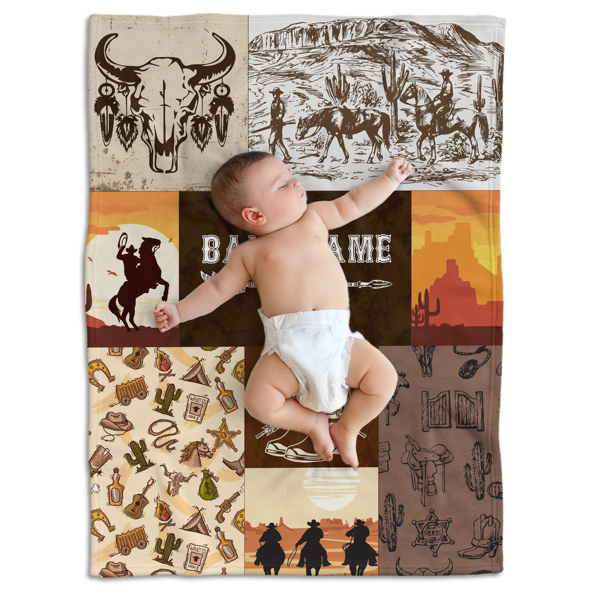 Personalized Western Baby Blankets for Boys, Brown Baby Western Blankets, Custom Name Fleece Blankets for Newborn Infant Son Daughter Toddlers Kids