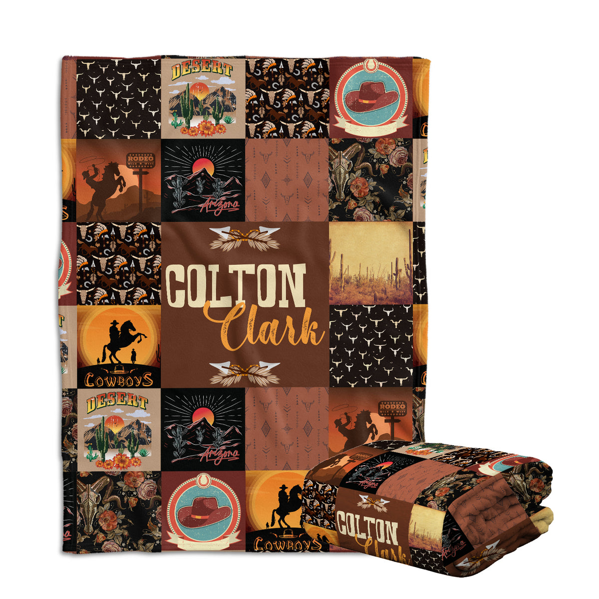 Personalized Western Baby Blankets for Boys - Brown Fleece Blankets with Custom Name, Cowboy Theme