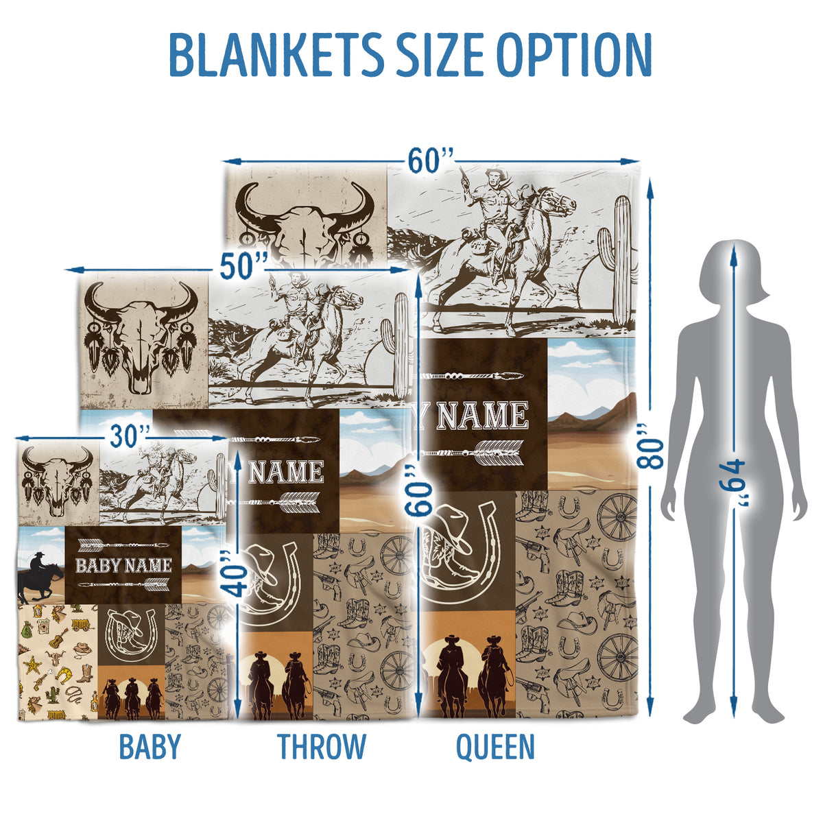 Personalized Western Baby Blankets for Boys, Cowboy Baby Blankets for Baby Boy, Custom Name Fleece Blankets for Newborn Infant Son Daughter Kids
