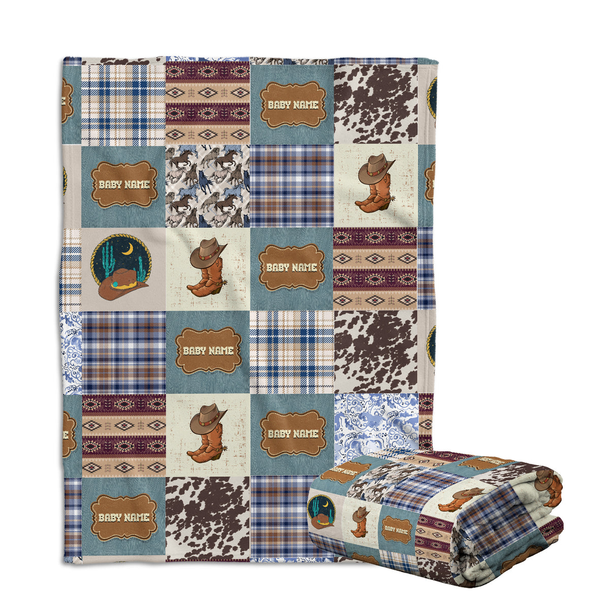 Personalized Western Plaid Blanket for Boys Girls, Baby Boy Stuff, CustomName Fleece Blanket for Infant Newborn Son Daughter