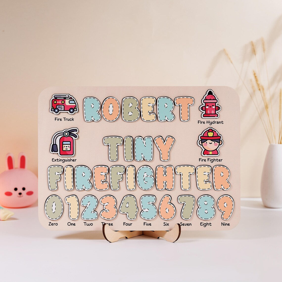 Personalized Wooden Name Puzzle Cute Baby Firefighter, Gifts for Kids, Wooden Toddler Toys