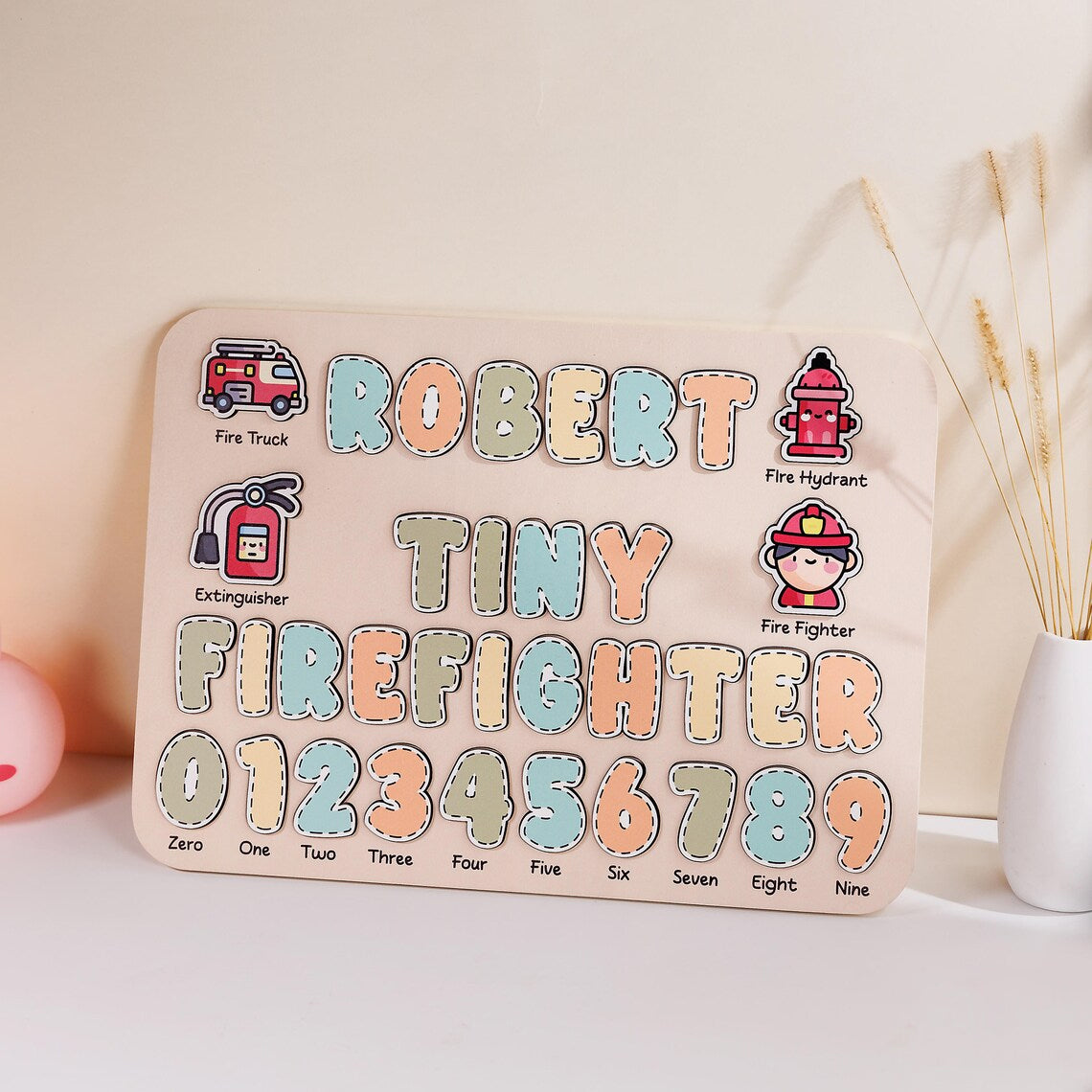 Personalized Wooden Name Puzzle Cute Baby Firefighter, Gifts for Kids, Wooden Toddler Toys