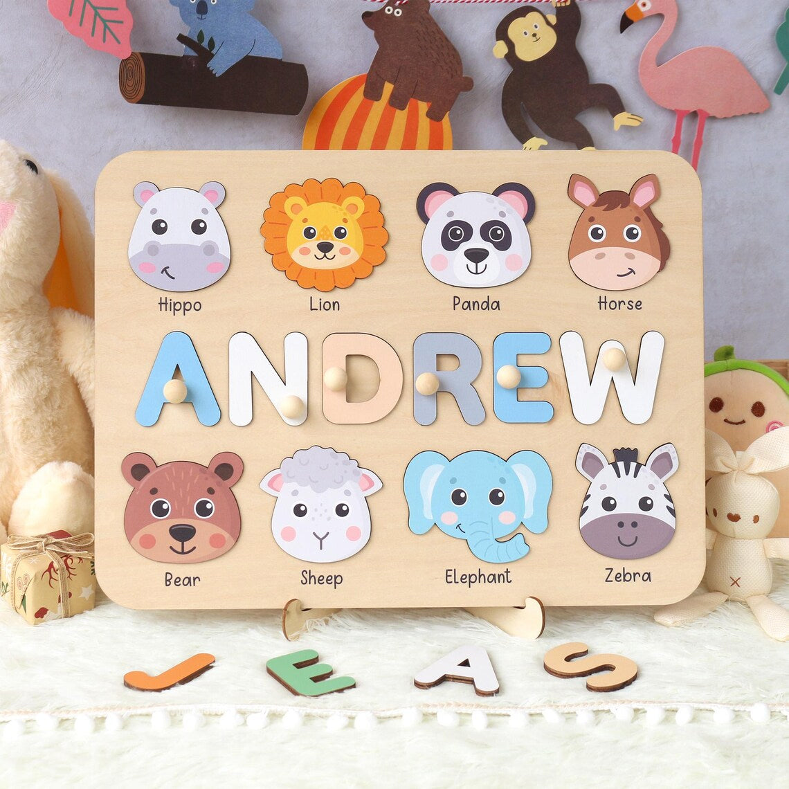 Personalized Wooden Name Puzzle with Animals for Kids, Baby Name Name Puzzle, First Birthday Gifts, Wooden Toys for Baby, Toddler Gift