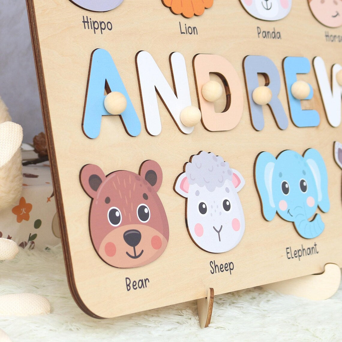 Personalized Wooden Name Puzzle with Animals for Kids, Baby Name Name Puzzle, First Birthday Gifts, Wooden Toys for Baby, Toddler Gift
