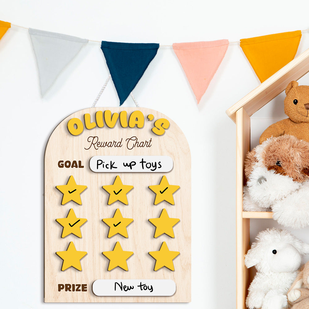 Personalized Wooden Reward Chart for Kids – Custom Name Star Reward Board, Chore Chart for Toddlers and Preschoolers