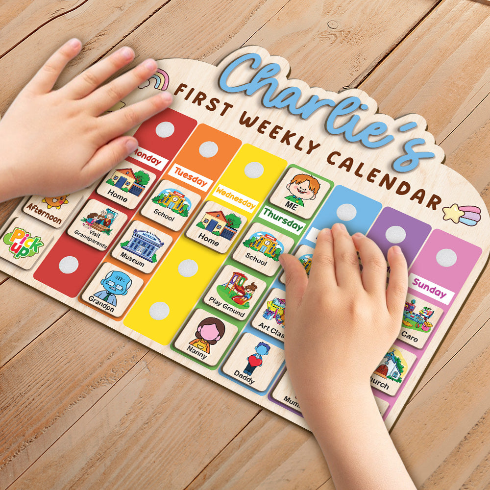 Personalized Wooden Weekly Calendar for Kids, Personalized First Weekly Calendar for Toddler, 12 x 15” First Visual Routine Schedule Board, Daily Routine for Toddler