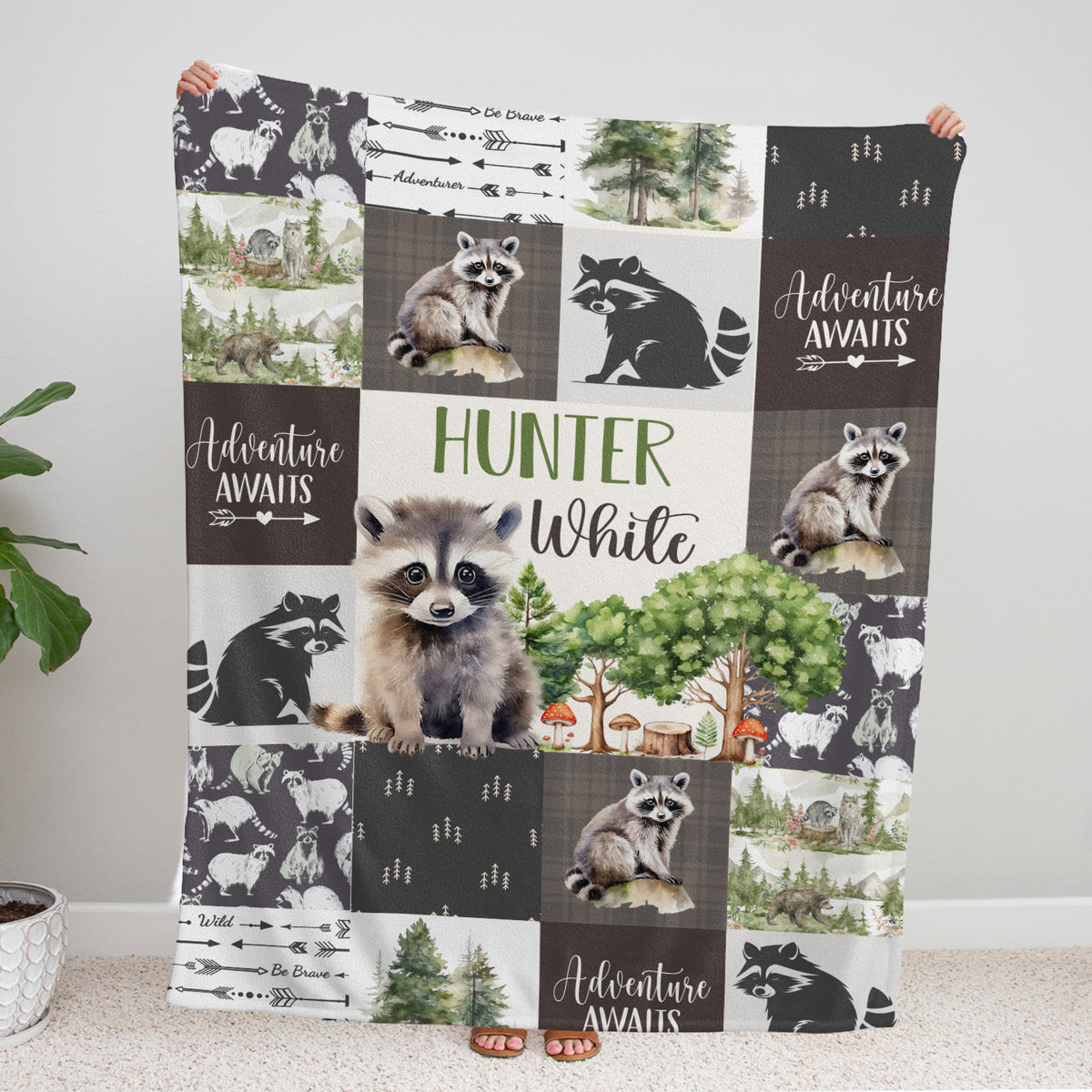 Personalized Woodland Baby Blanket for Boys Girls, Custom Name, Nursery Decor for Son Daughter (Raccoon)